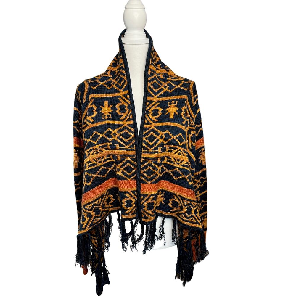 Belle Du Jour Navy Gold Boho Tribal Soft Knit Cardigan Sweater Size Juniors XL